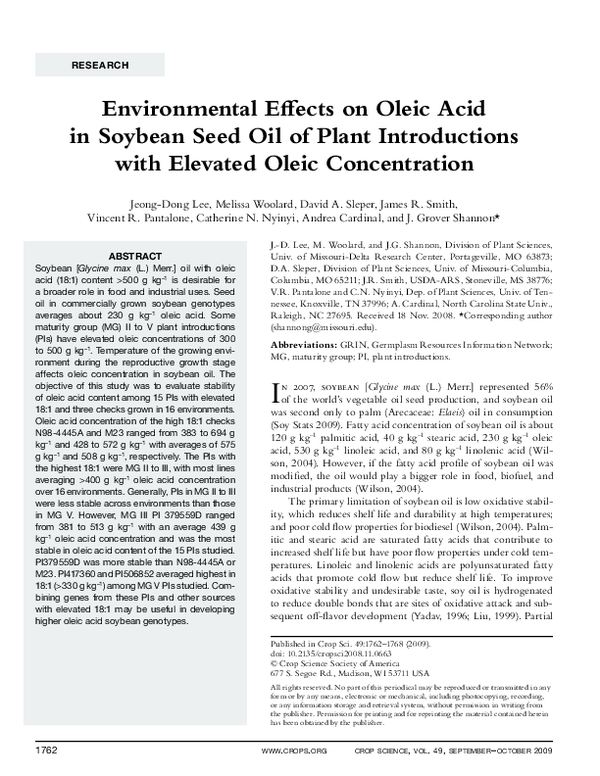 (PDF) Environmental Effects on Oleic Acid in Soybean Seed Oil of Plant Introductions with