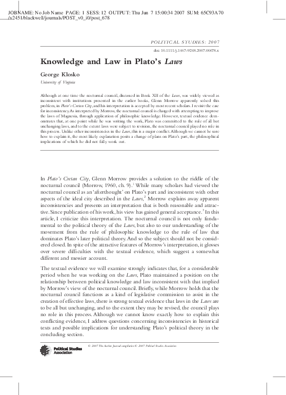 (PDF) Knowledge and Law in Plato's Laws Klosko Academia.edu