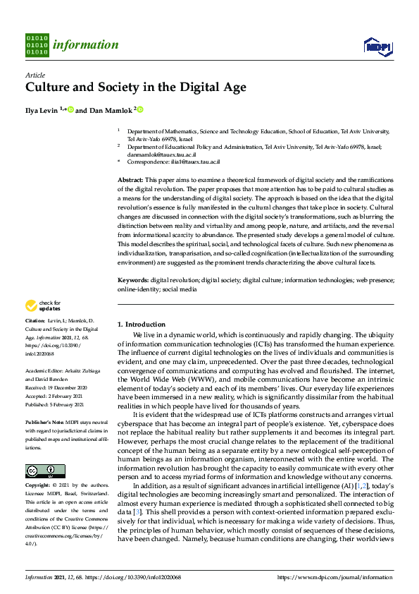 (PDF) Culture and Society in the Digital Age