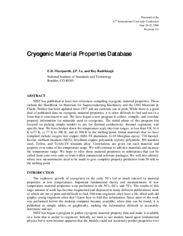 (PDF) Cryogenic Material Properties Database Ray Radebaugh Academia.edu