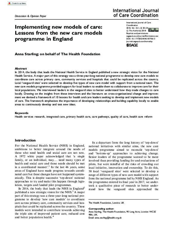 (PDF) Implementing new models of care: Lessons from the new care models ...