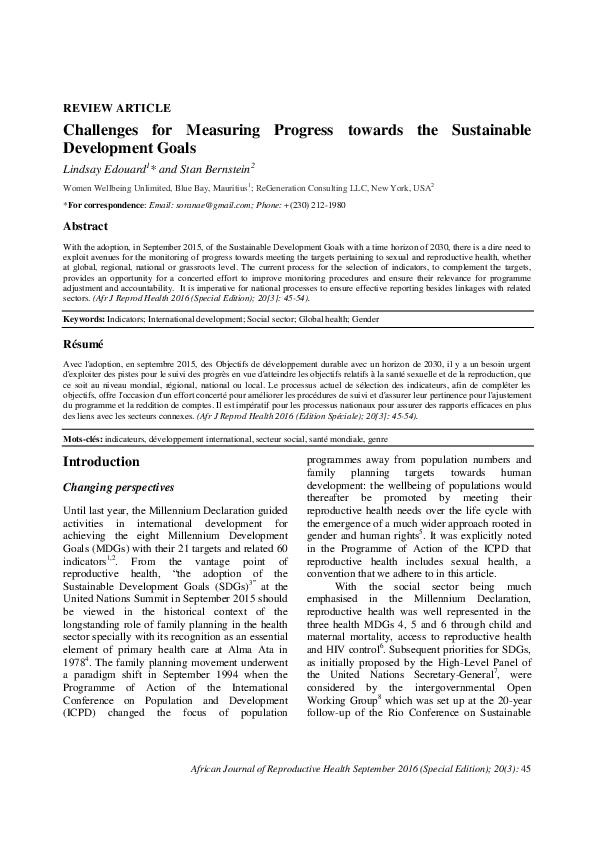 (PDF) Challenges for Measuring Progress towards the Sustainable ...