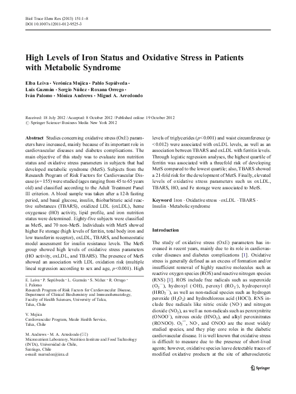 (PDF) High Levels of Iron Status and Oxidative Stress in Patients with ...