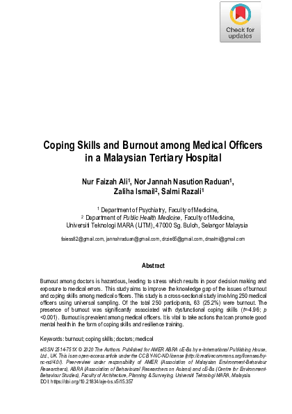 (PDF) Coping Skills and Burnout among Medical Officers in a Malaysian ...