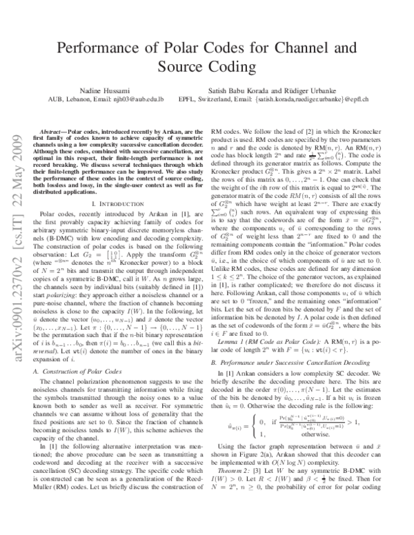 (PDF) Performance of polar codes for channel and source coding