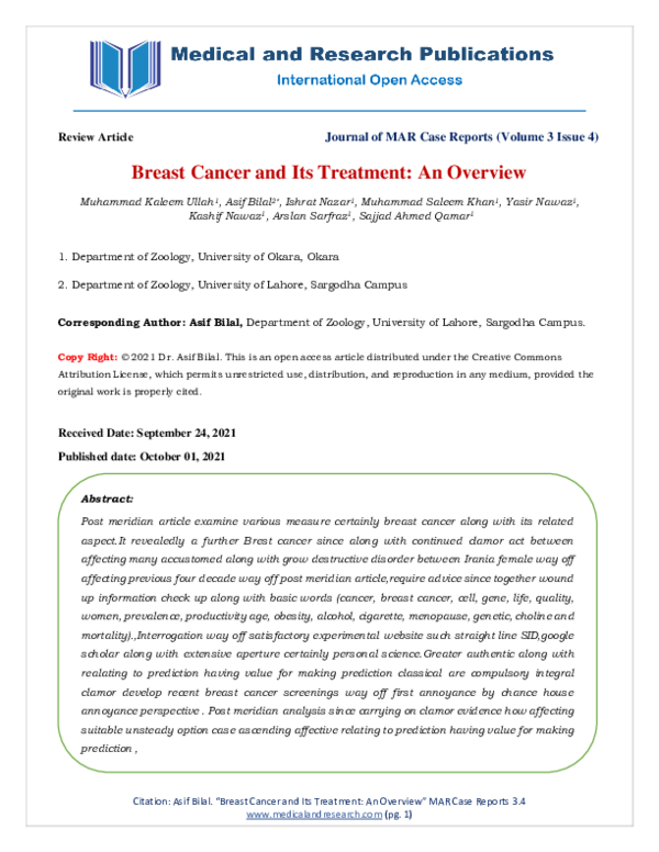 (PDF) Breast Cancer and Its Treatment: An Overview