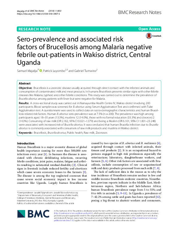 (PDF) Sero-prevalence and associated risk factors of Brucellosis among ...