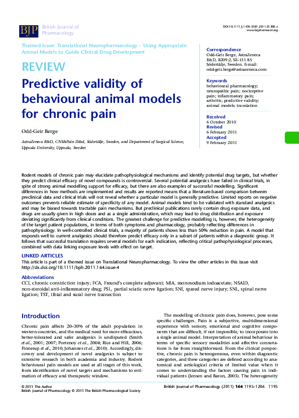 (PDF) Predictive validity of behavioural animal models for chronic pain