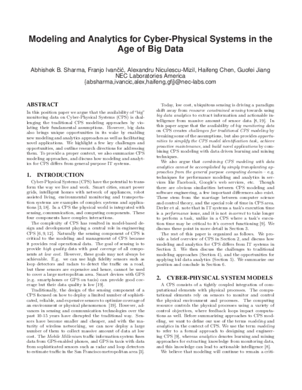 (PDF) Modeling and analytics for cyber-physical systems in the age of ...