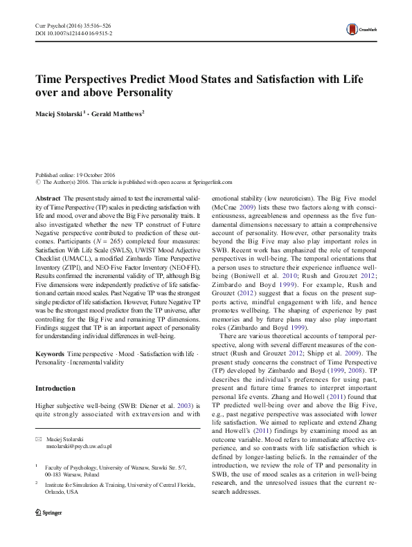 (PDF) Time Perspectives Predict Mood States and Satisfaction with Life ...