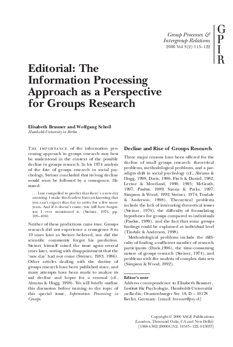 Editorial: The Information Processing Approach as a Perspective for Groups Research