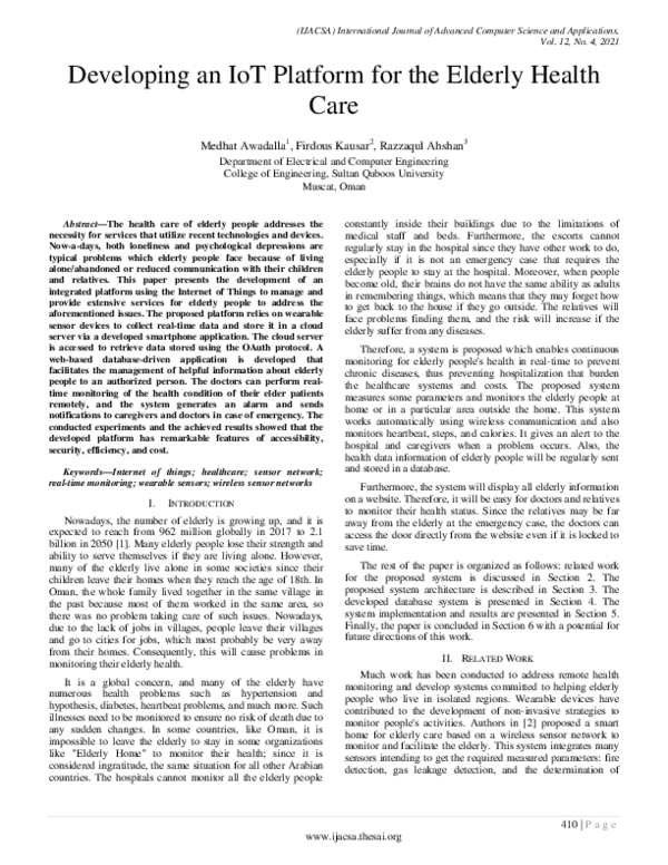 (PDF) Developing an IoT Platform for the Elderly Health Care