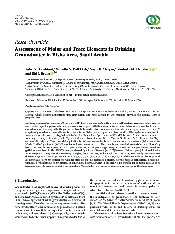 (PDF) Assessment of Major and Trace Elements in Drinking Groundwater in ...