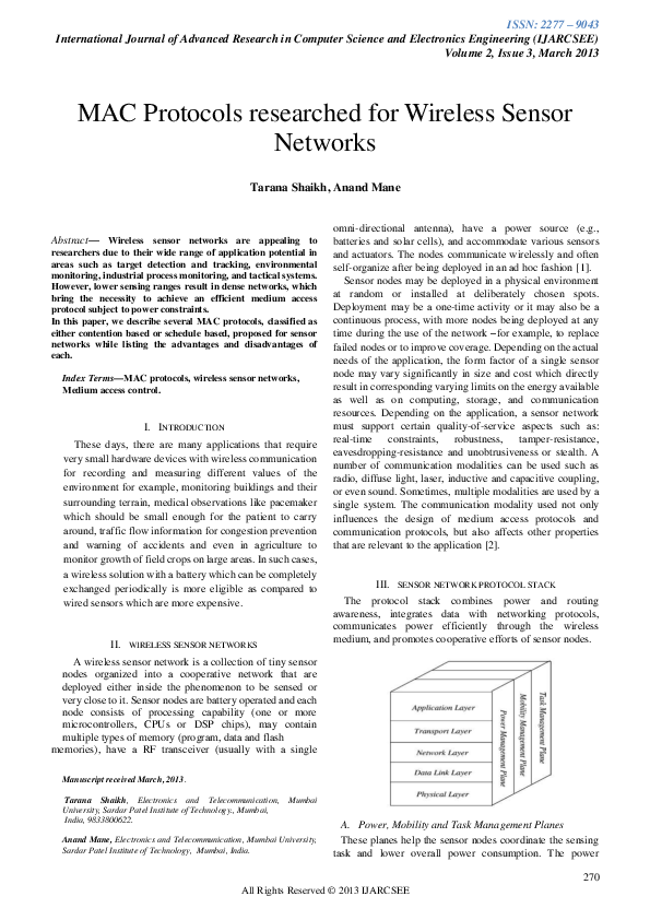 (PDF) MAC Protocols researched for Wireless Sensor Networks