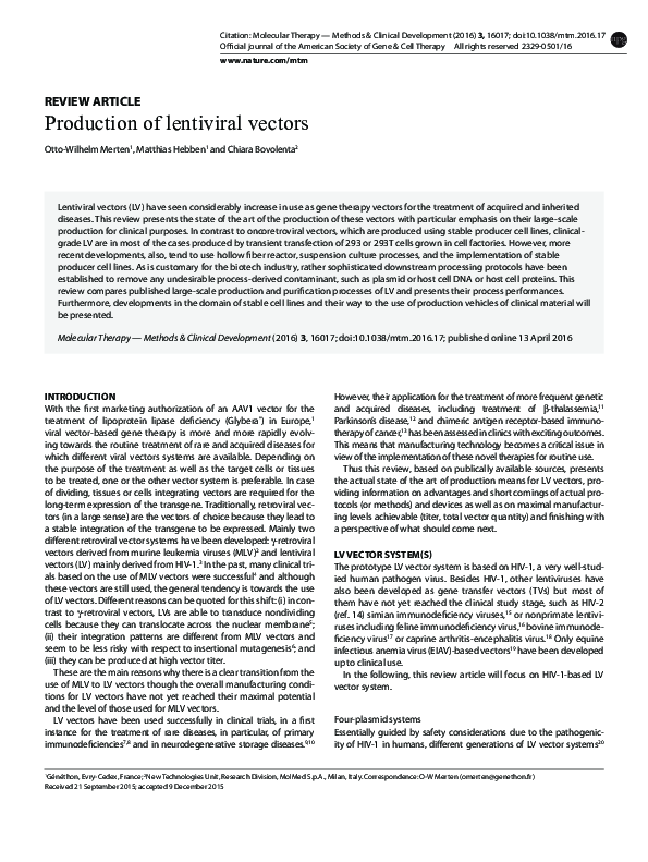 (PDF) Production of lentiviral vectors