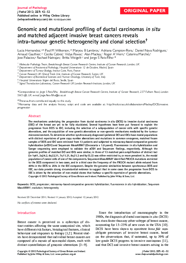 (PDF) Genomic and mutational profiling of ductal carcinomas in situ and ...