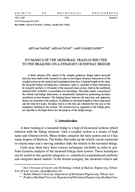 (PDF) Dynamics of the Monorail Train Subjected to the Braking on a ...