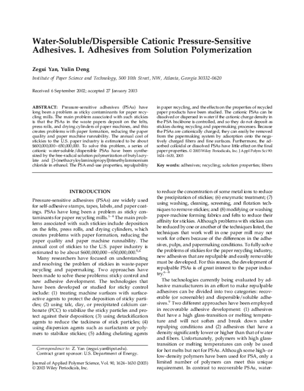 (PDF) Watersoluble/dispersible cationic pressuresensitive adhesives