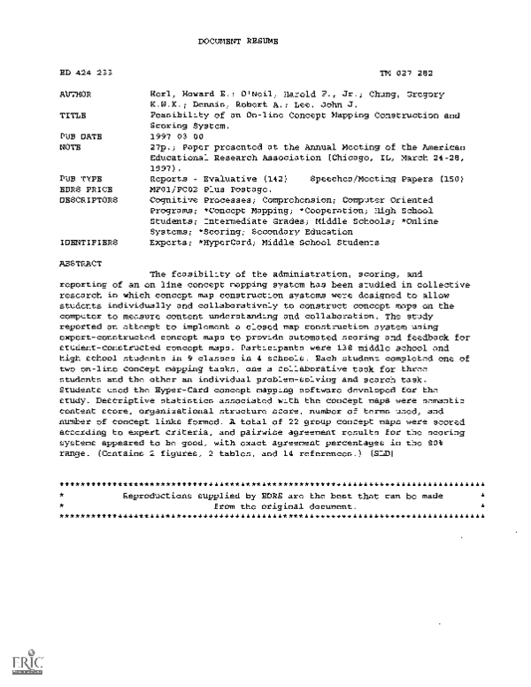 Feasibility of an On-line Concept Mapping Construction and Scoring System