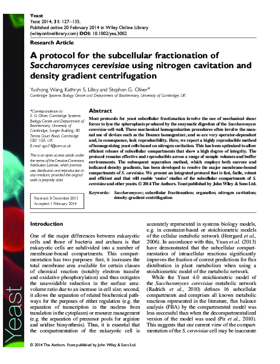(PDF) A protocol for the subcellular fractionation of Saccharomyces ...