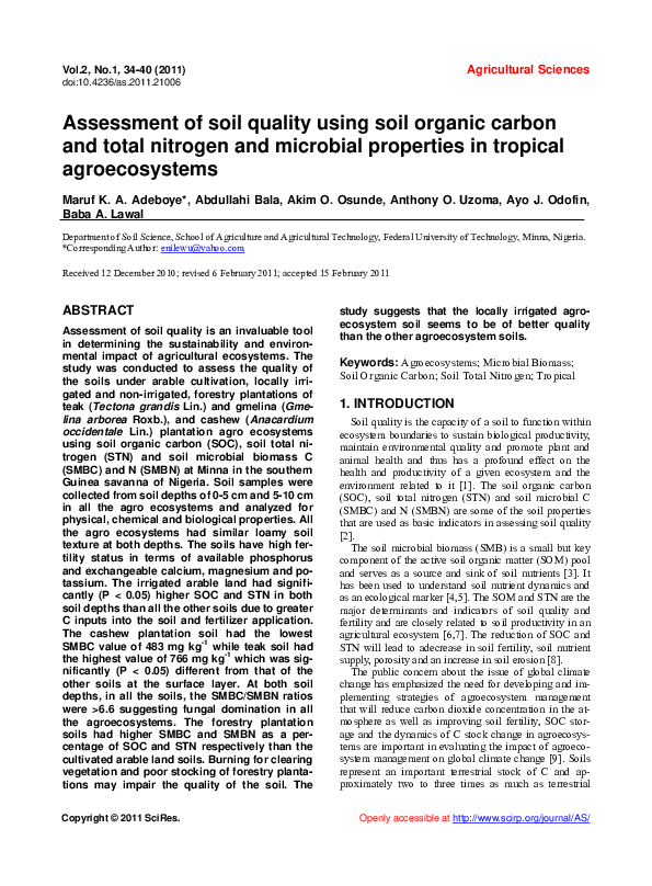 (PDF) Assessment of soil quality using soil organic carbon and total ...