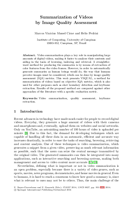 (PDF) Summarization of Videos by Image Quality Assessment