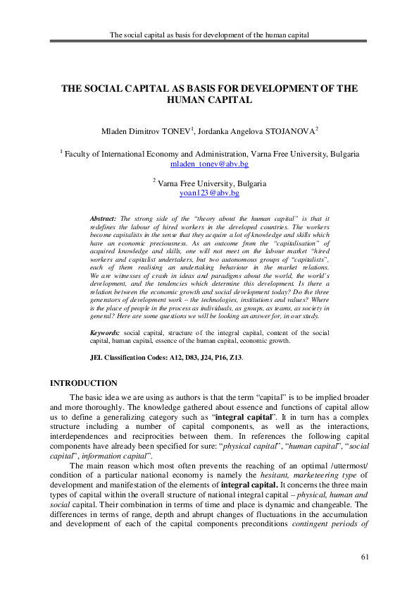 (PDF) The social capital as basis for development of the human capital