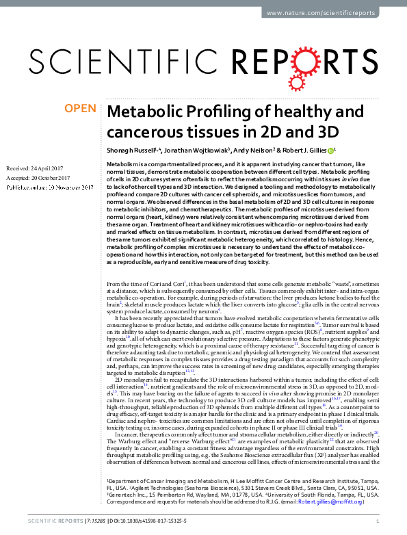 (PDF) Metabolic Profiling of healthy and cancerous tissues in 2D and 3D