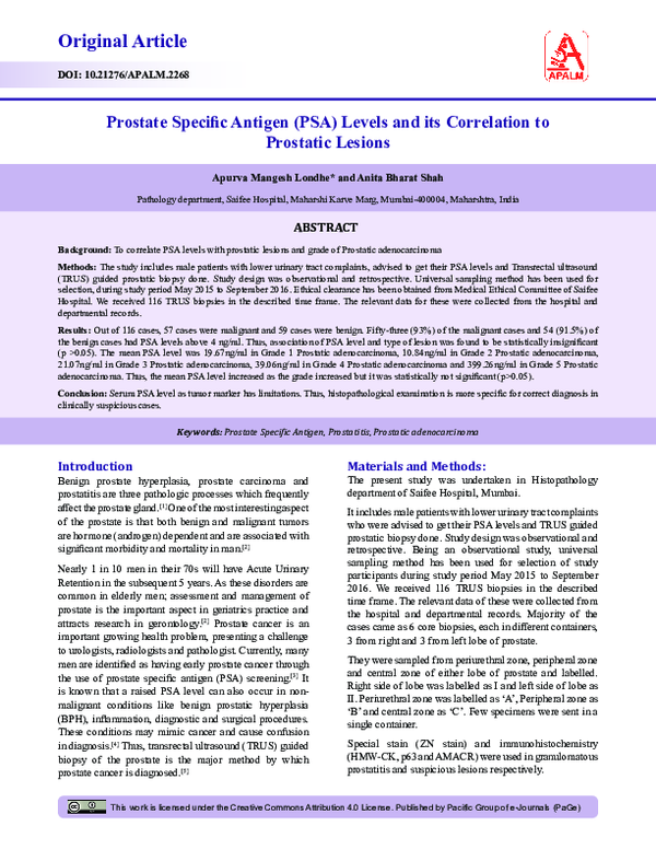 (PDF) Prostate Specific Antigen (PSA) Levels and its Correlation to ...