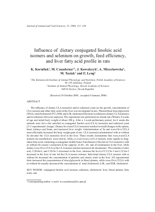 (PDF) Influence of dietary conjugated linoleic acid isomers and ...