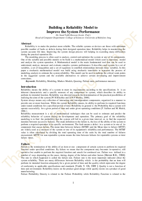 (PDF) Building a Reliability Model to Improve the System Performance