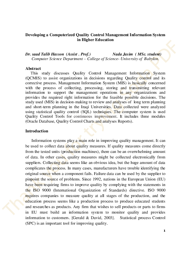 Pdf Developing A Computerized Quality Control Management Information