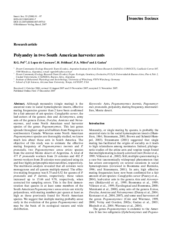 (PDF) Polyandry in two South American harvester ants