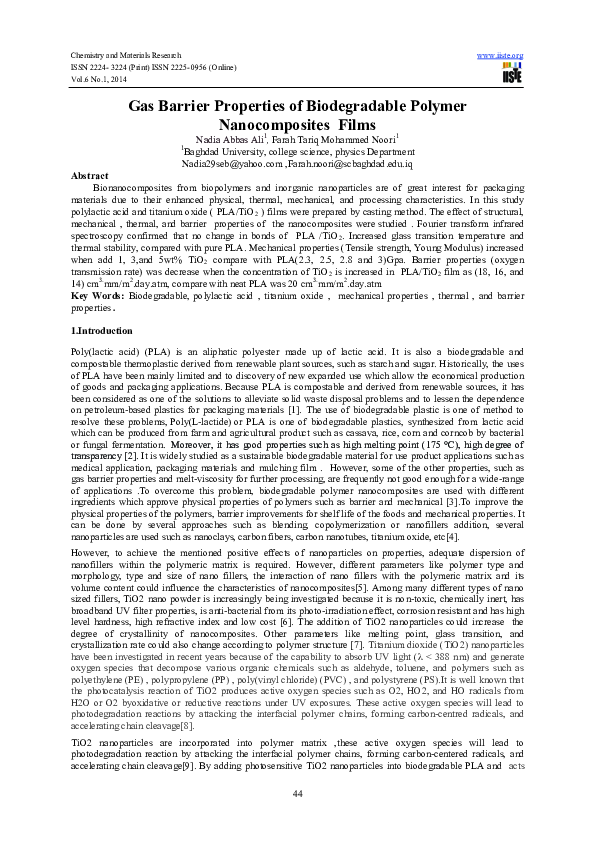 (PDF) Gas Barrier Properties of Biodegradable Polymer Nanocomposites Films