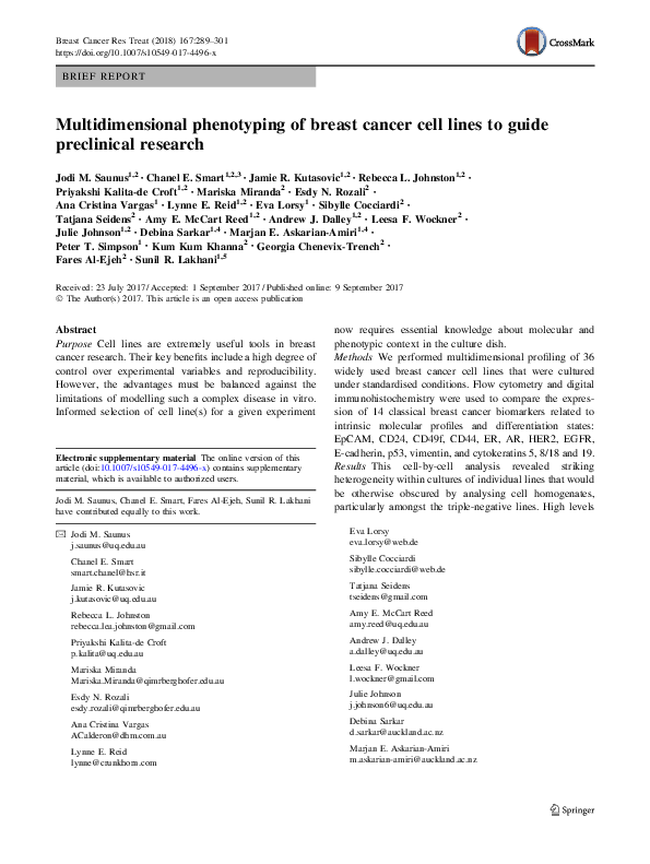 (PDF) Multidimensional phenotyping of breast cancer cell lines to guide ...
