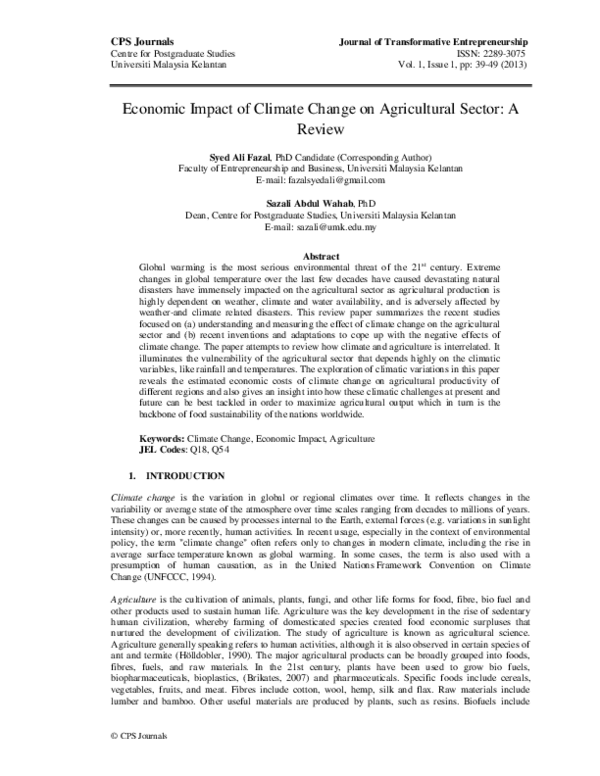 (PDF) Economic impact of climate change on agricultural sector: a review