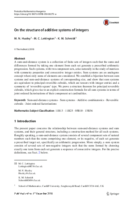 (PDF) On the structure of additive systems of integers