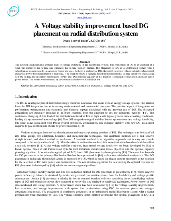 (PDF) A Voltage stability improvement based DG placement on radial ...