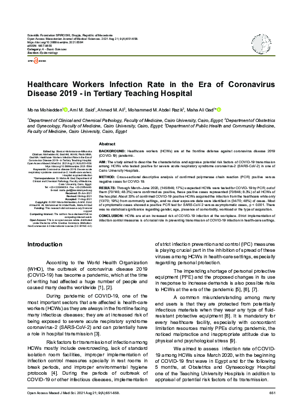 (PDF) Healthcare Workers Infection Rate in the Era of Coronavirus ...