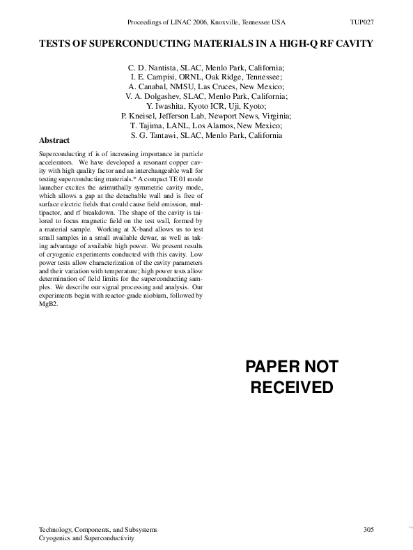 (PDF) Tests of Superconducting Materials in a High-Q RF Cavity