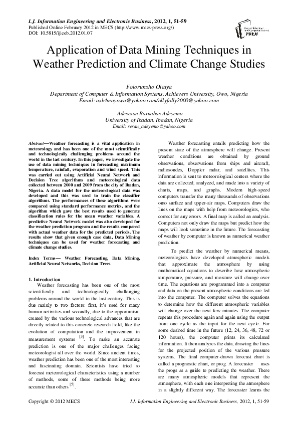 (PDF) Application of Data Mining Techniques in Weather Prediction and ...