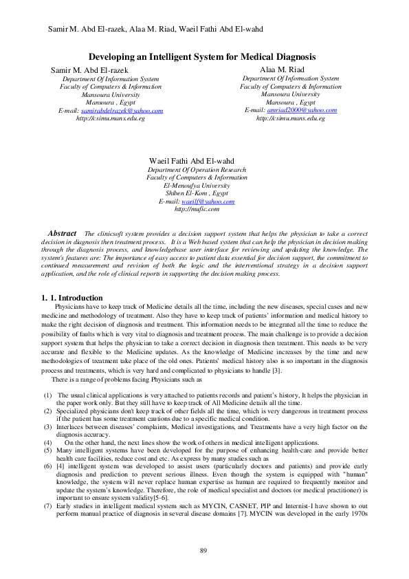(PDF) Developing an Intelligent System for Medical Diagnosis