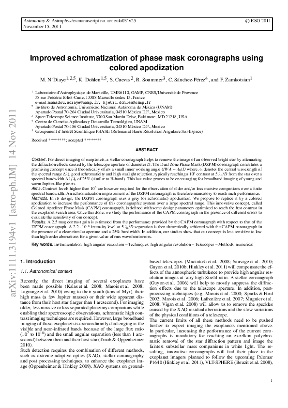 (PDF) Improved achromatization of phase mask coronagraphs using colored ...