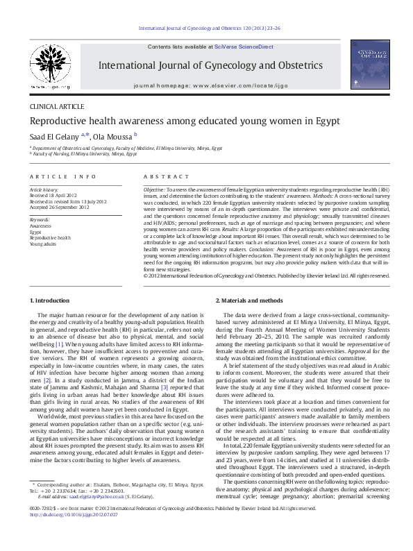 (PDF) Reproductive health awareness among educated young women in Egypt