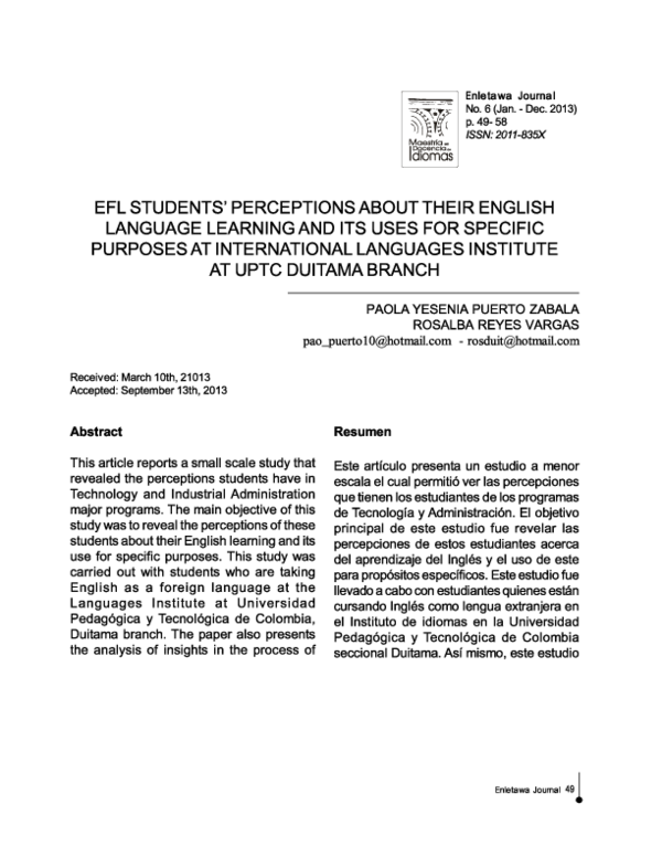 (PDF) EFL Students’ Perceptions about their English Language Learning ...