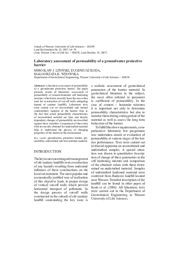 (PDF) Laboratory assessment of permeability of a groundwater protective ...