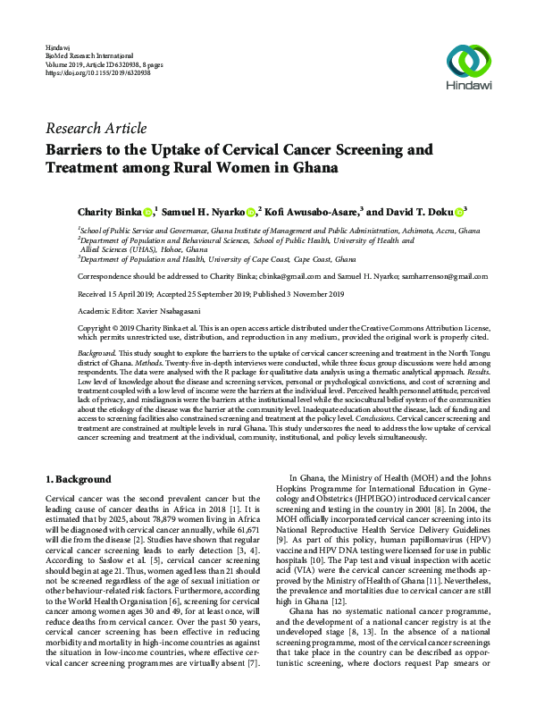 (PDF) Barriers to the Uptake of Cervical Cancer Screening and Treatment ...