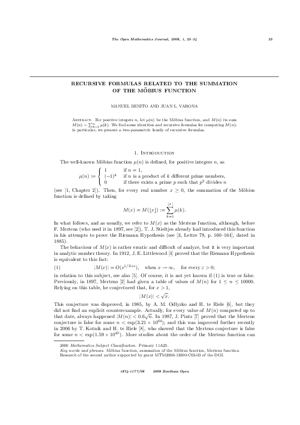 (PDF) Recursive Formulas Related To The Summation Of The Mobius Function