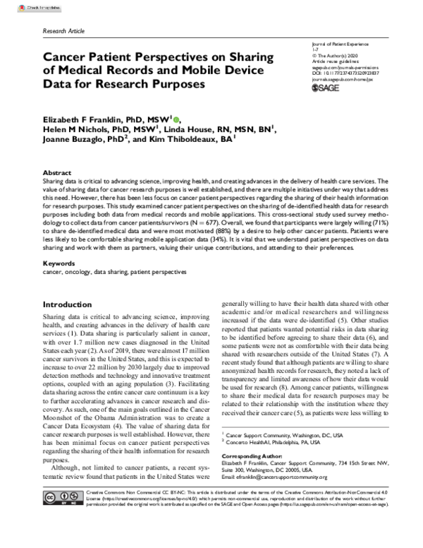 (PDF) Cancer Patient Perspectives on Sharing of Medical Records and ...