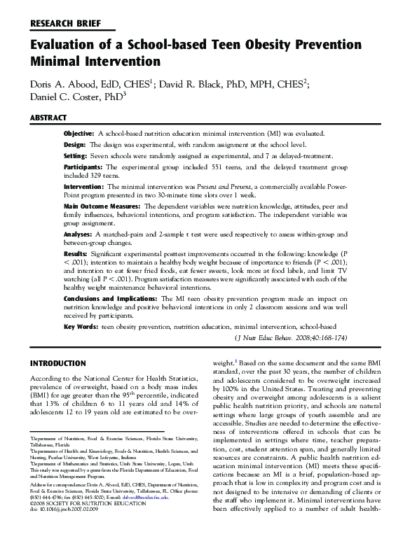 (PDF) Evaluation of a School-based Teen Obesity Prevention Minimal ...